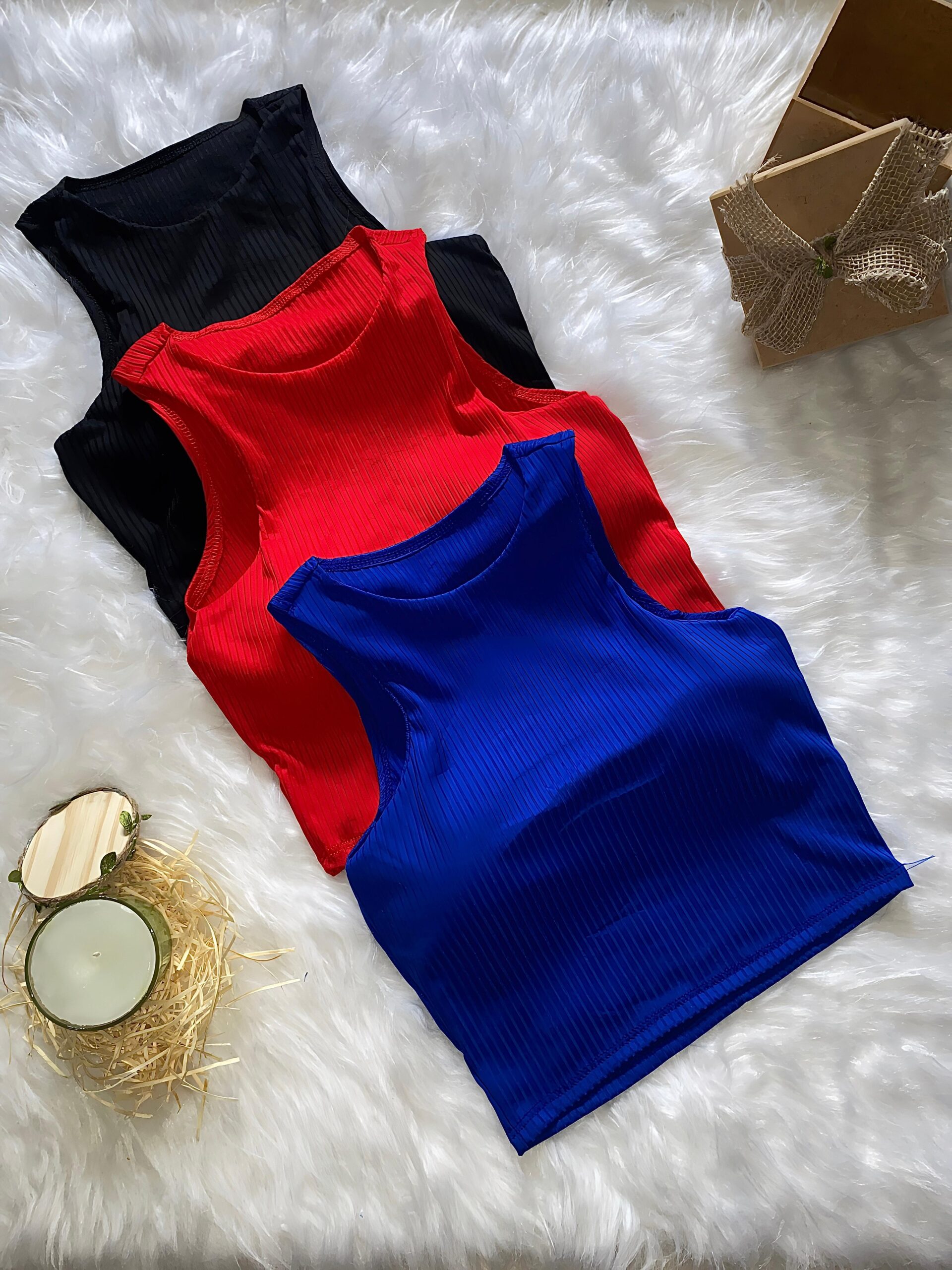 Kit 3 Cropped com Bojo – Azul, Vermelho e Preto