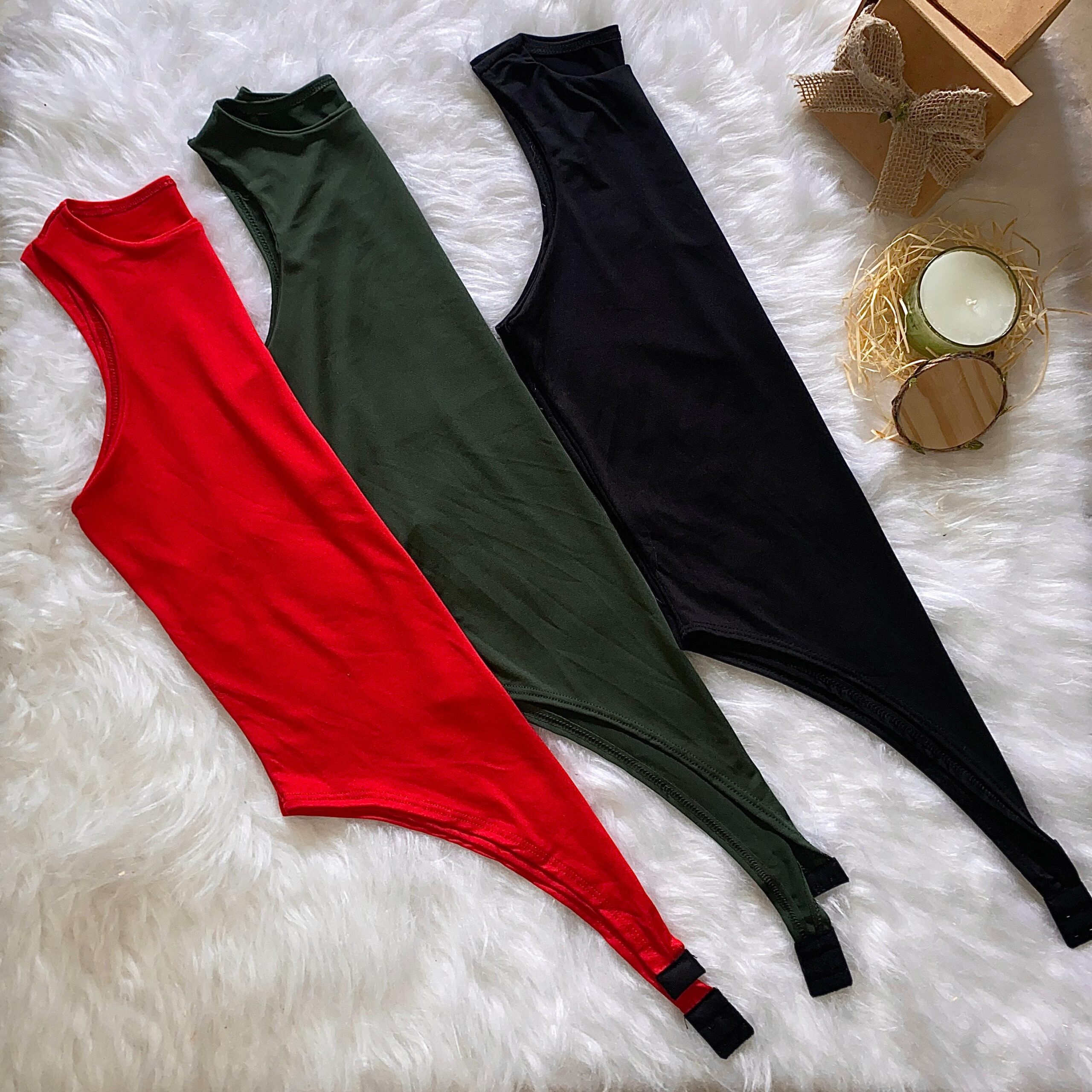 Kit 3 Boddy Poliamida – Vermelho, Verde Militar e Preto